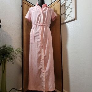 Vintage Pink Button Down Collar Belted Waist With Lace Trim Nightgown Size 14